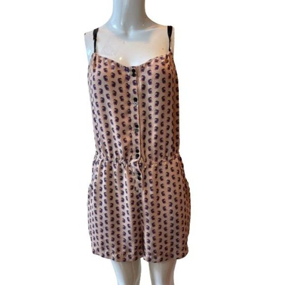 Rachel Rachel Roy Women Patterned Romper Adjustable Straps Front Button Tan SZ L - Picture 1 of 8